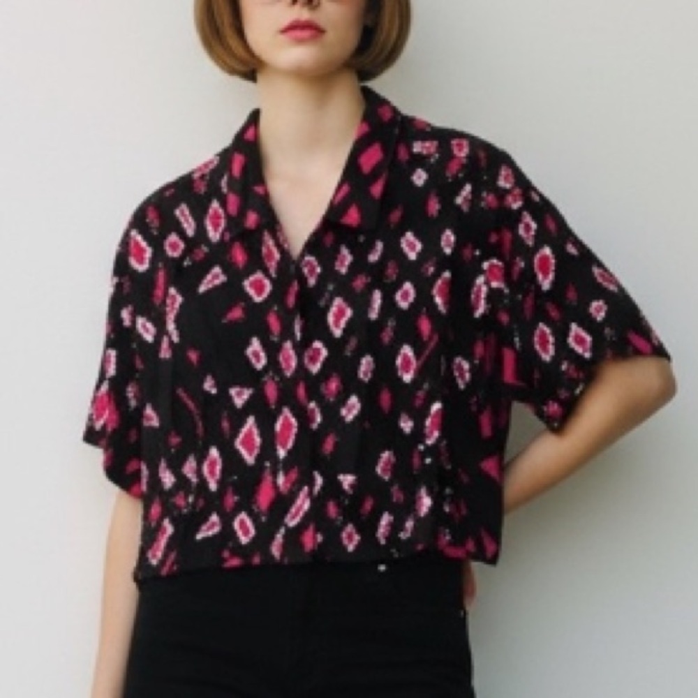 Vintage 80s 90s black pink sequin button up crop top Glam barbiecore disco
